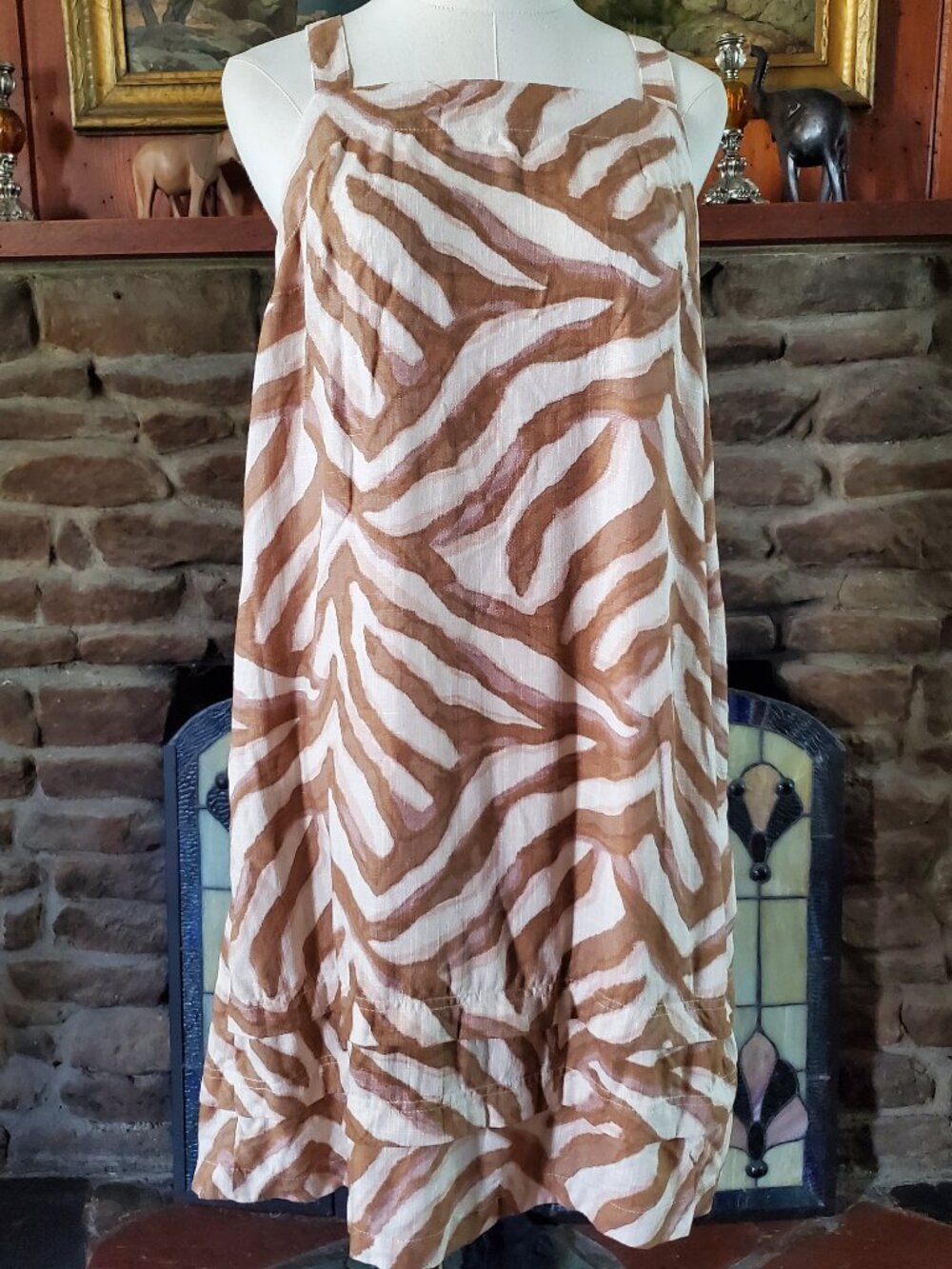 Vintage Rayon Linen Zebra Tiger Stripe Sundress Brown White Medium Side Pockets